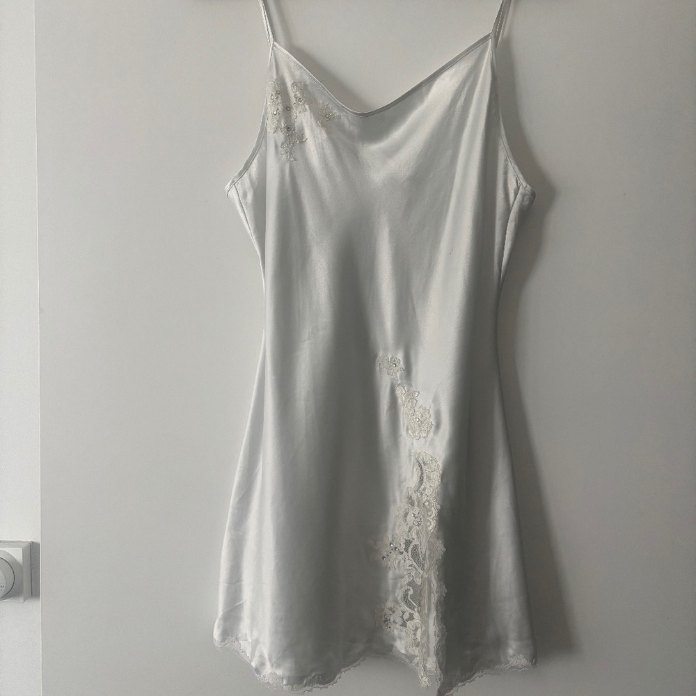 Victoria's Secret White Satin Lace Trim Chemise